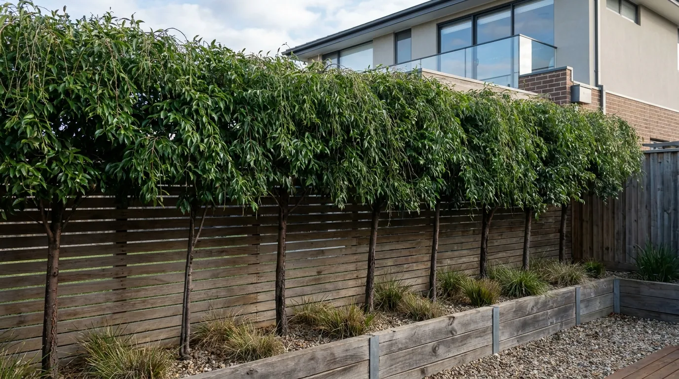 Row of Weeping Lilly Pilly grown as a pleached clear-stem screen above a fence line
