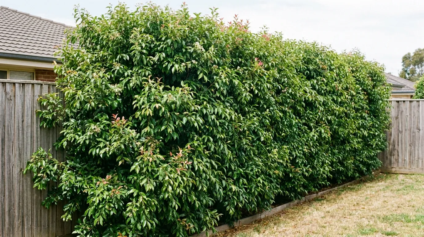 Tall Weeping Lilly Pilly privacy hedge along a suburban Australian boundary fence