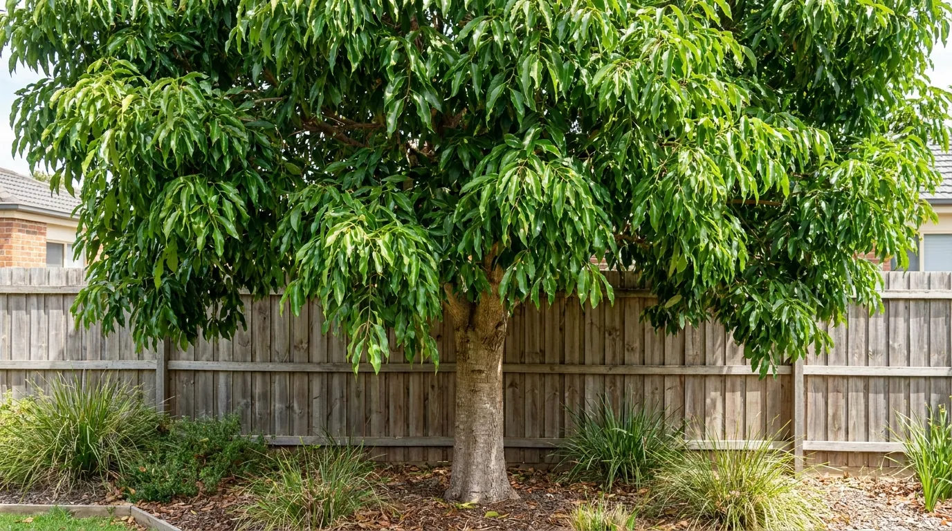 Mature weeping Lilly Pilly (Waterhousea floribunda) grown as a tall privacy tree in an Australian garden