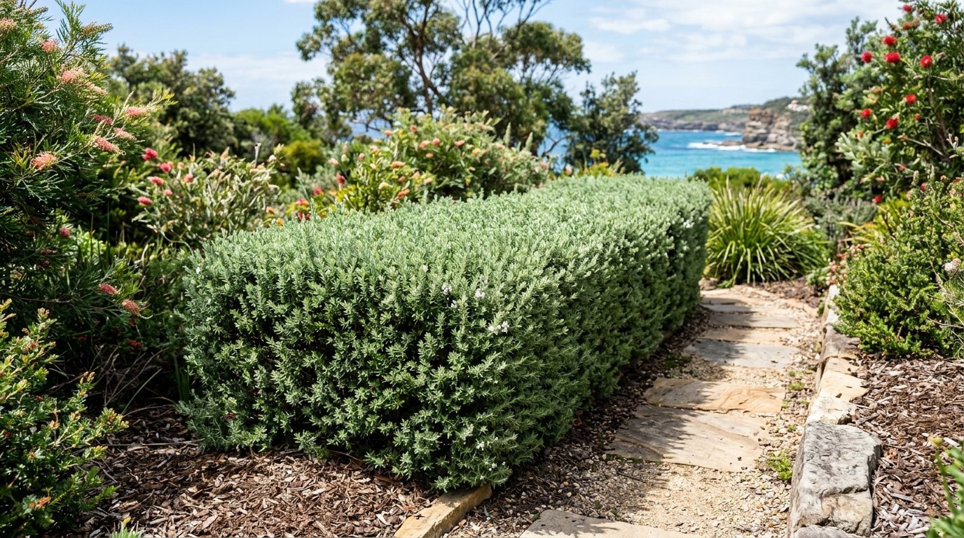 Westringia Coastal Rosemary shrub with brown dead patches and bare woody stems