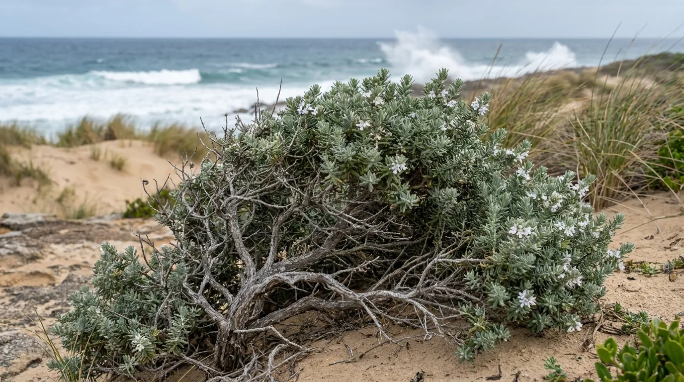 Coastal Rosemary growing in an exposed seaside Australian garden tolerating salt wind