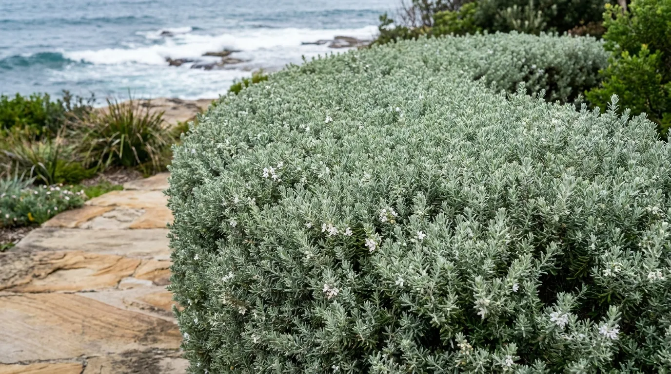 Mature Coastal Rosemary (Westringia fruticosa) grown as a rounded grey-green hedge in an Australian garden