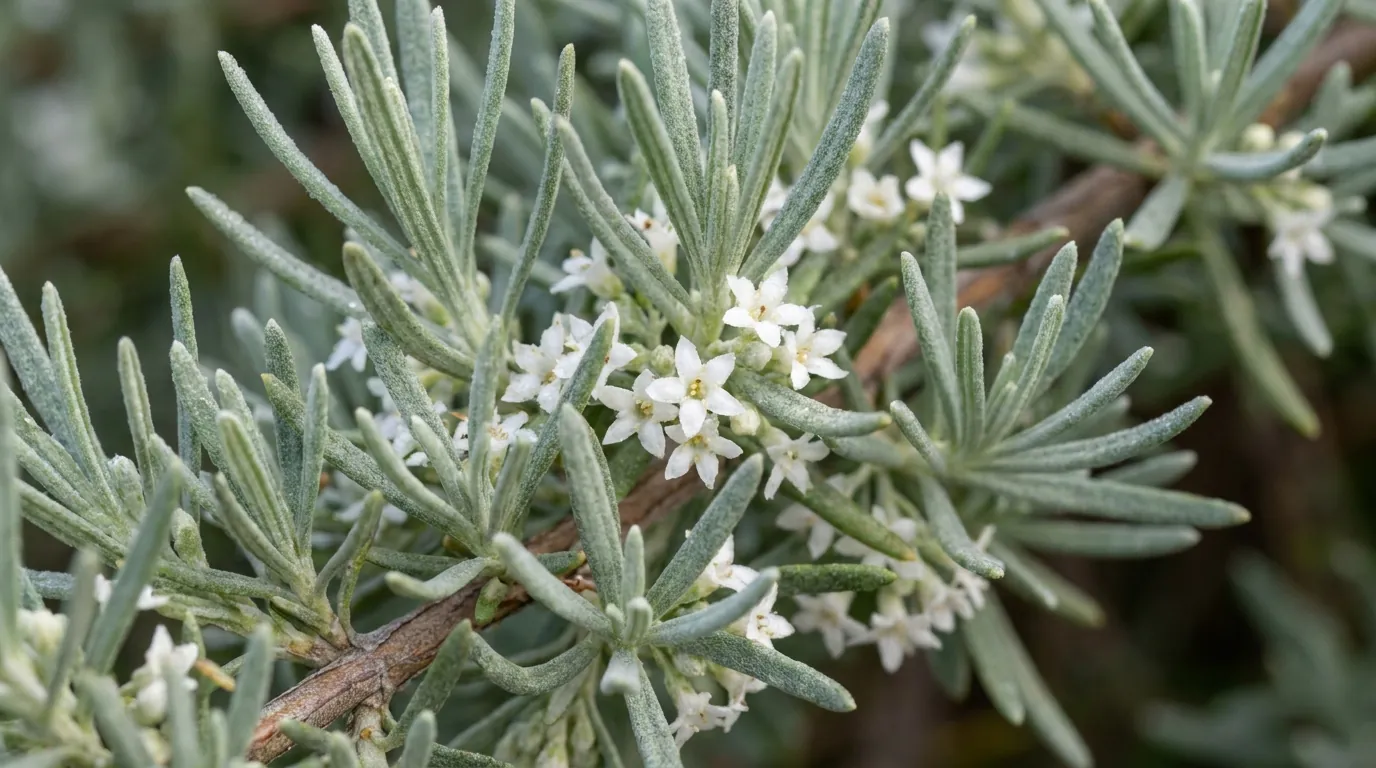 Close-up of Westringia fruticosa grey-green foliage with small white flowers