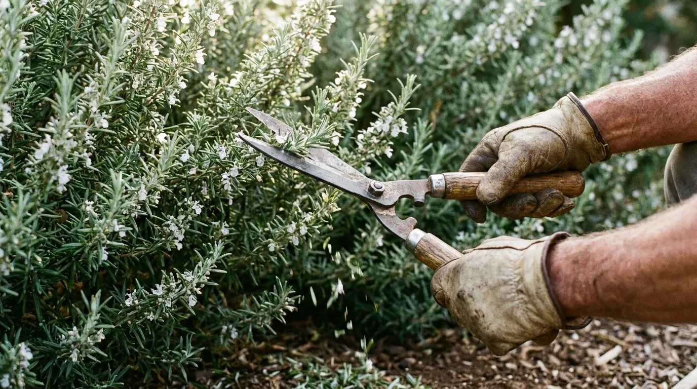 Gardener lightly trimming a Coastal Rosemary hedge with shears