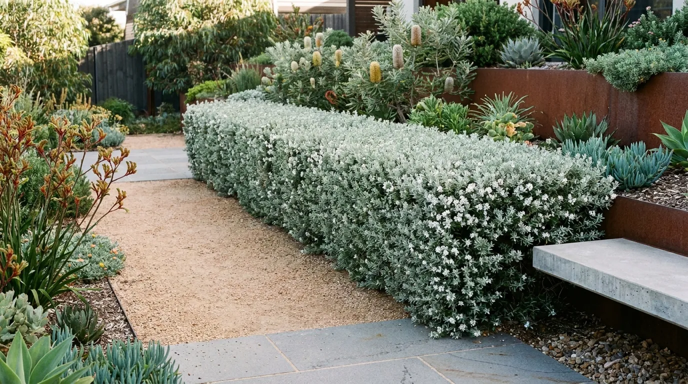 Trimmed Coastal Rosemary hedge running along a garden path