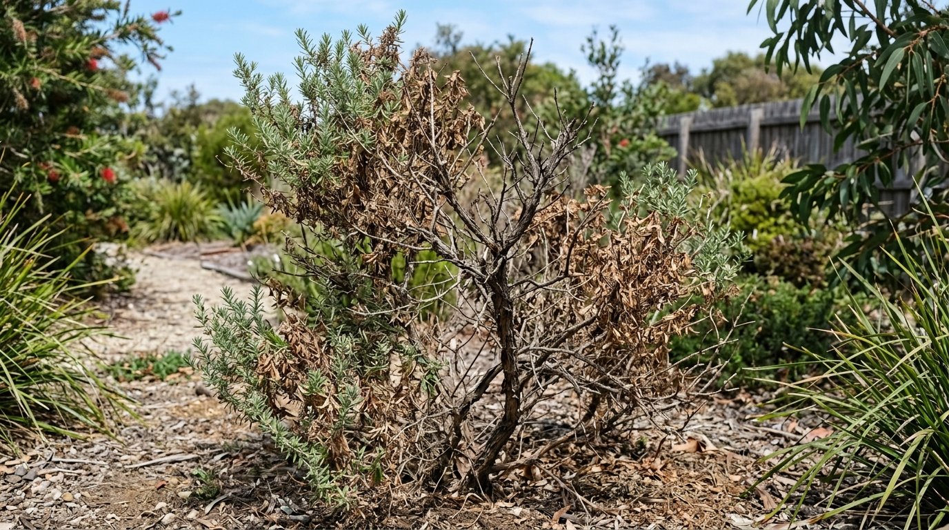 A lush healthy grey-green Westringia fruticosa hedge in a coastal garden