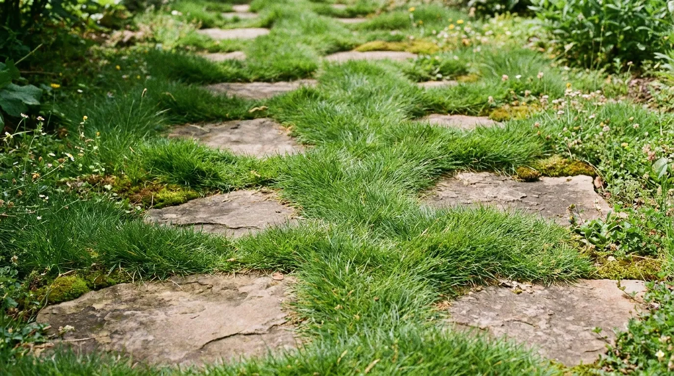 No-Mow Grass growing softly between stone stepping-stone pavers