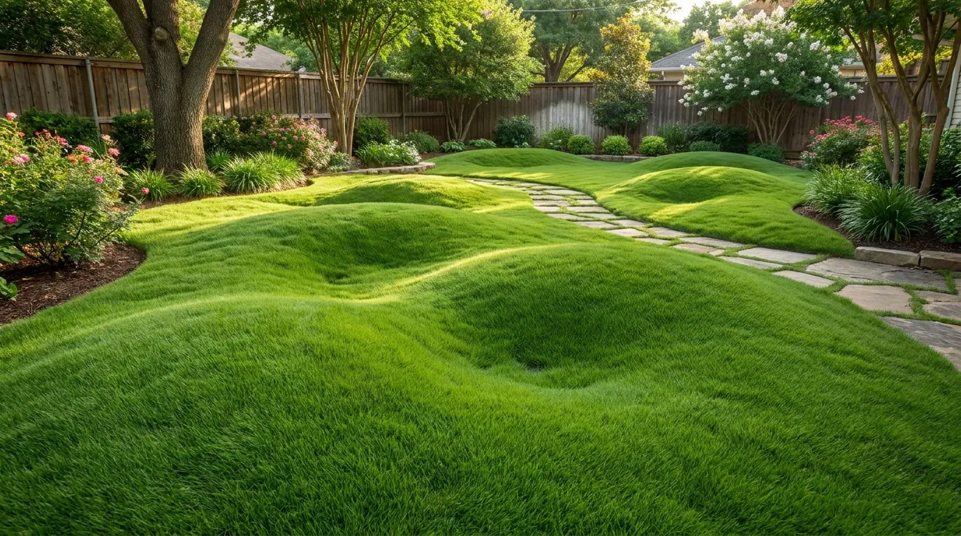 Soft mounded No-Mow Grass (Zoysia tenuifolia) lawn with an undulating green surface