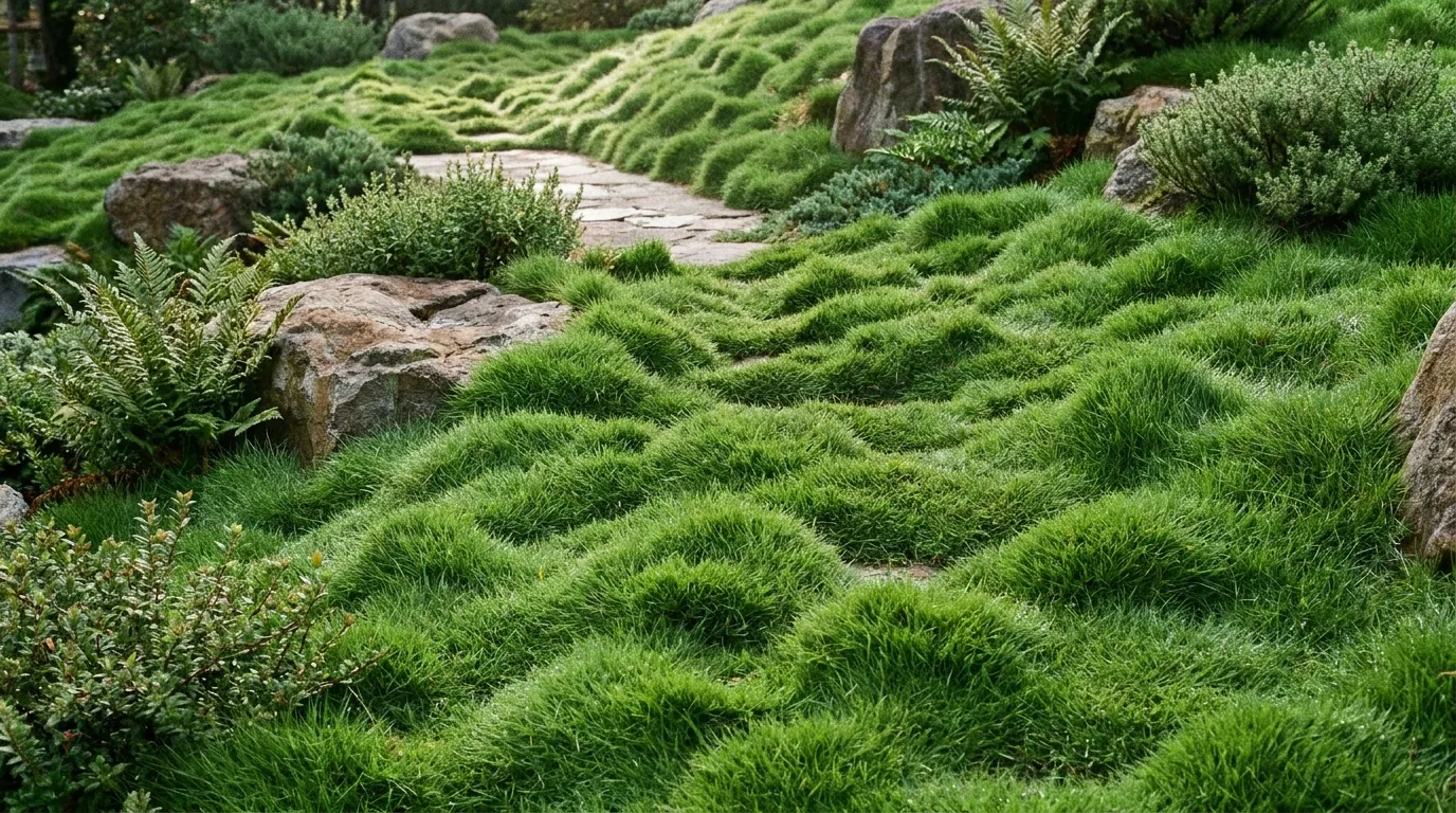 No-Mow Grass covering a gentle garden slope as a low-maintenance groundcover