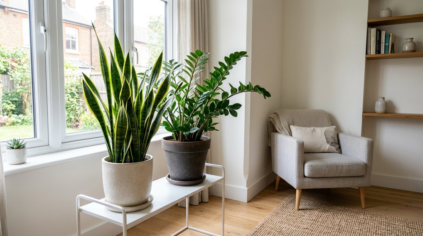 ZZ plant and snake plant in a bright room corner, tough low-light indoor plants
