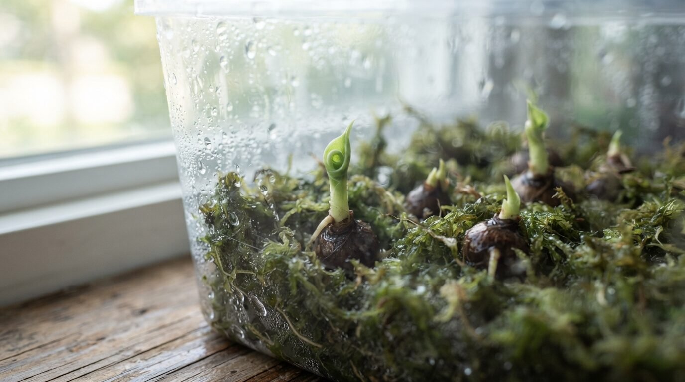 Alocasia corms sprouting new shoots in damp moss, ready for propagation