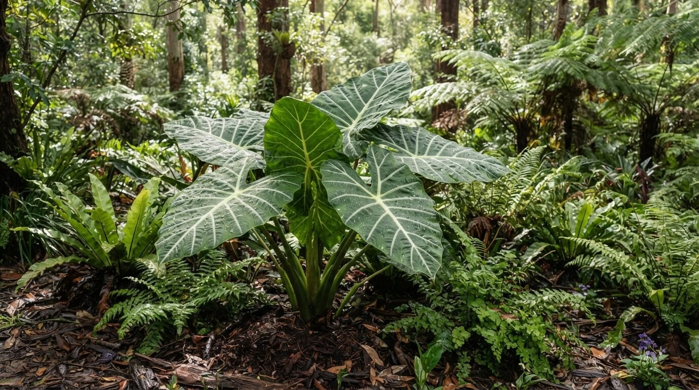 Alocasia growing outdoors in a shaded Australian garden bed