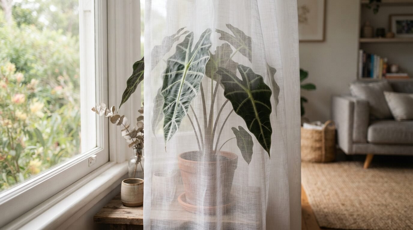 Alocasia beside a window behind a sheer white curtain in bright filtered light