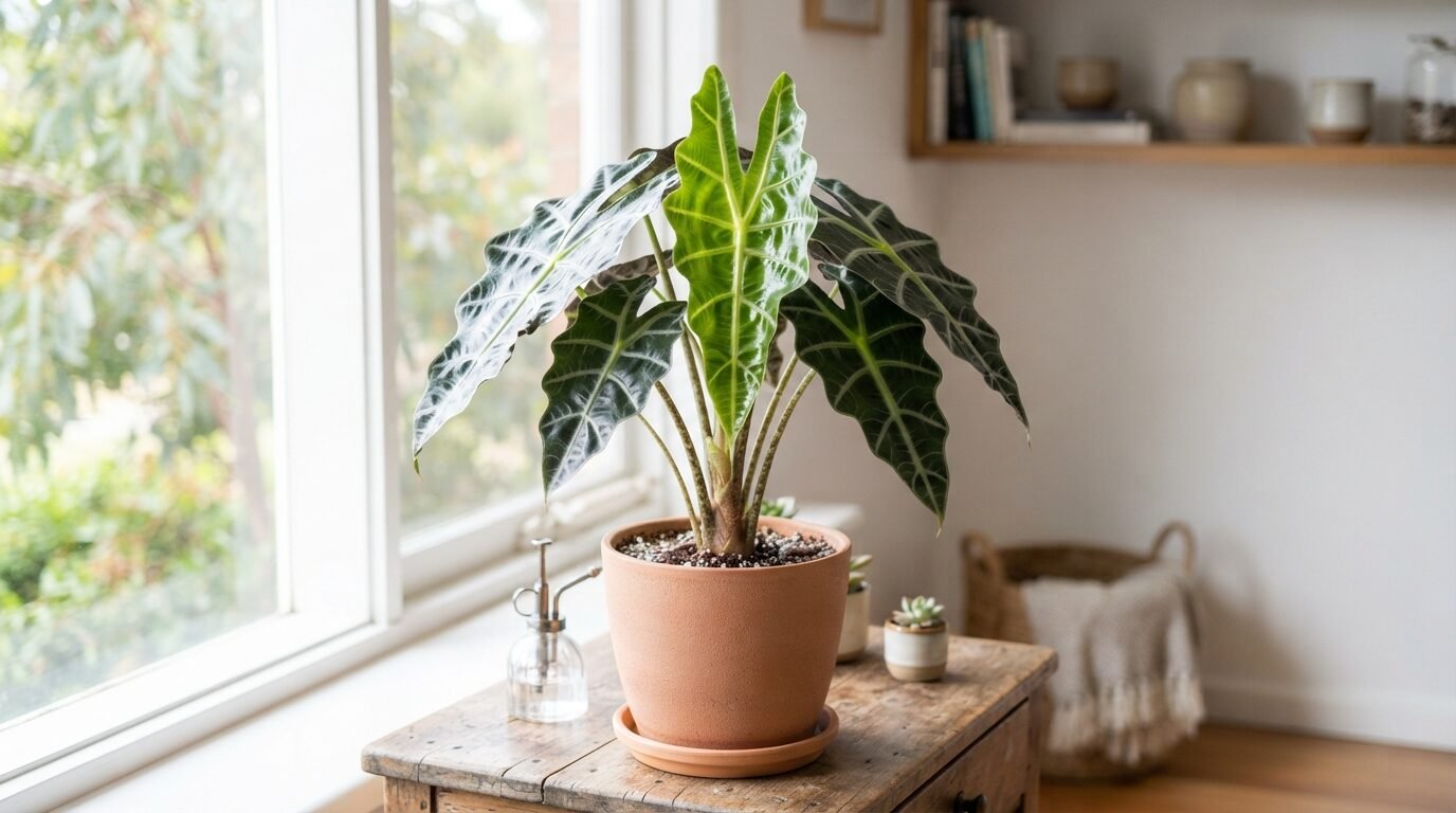 Alocasia pushing out a fresh new leaf after winter dormancy