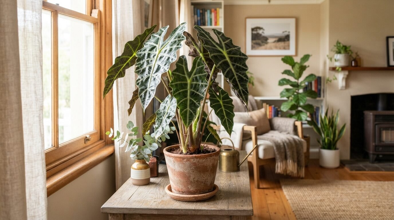 Healthy Alocasia in a bright indoor room with indirect daylight