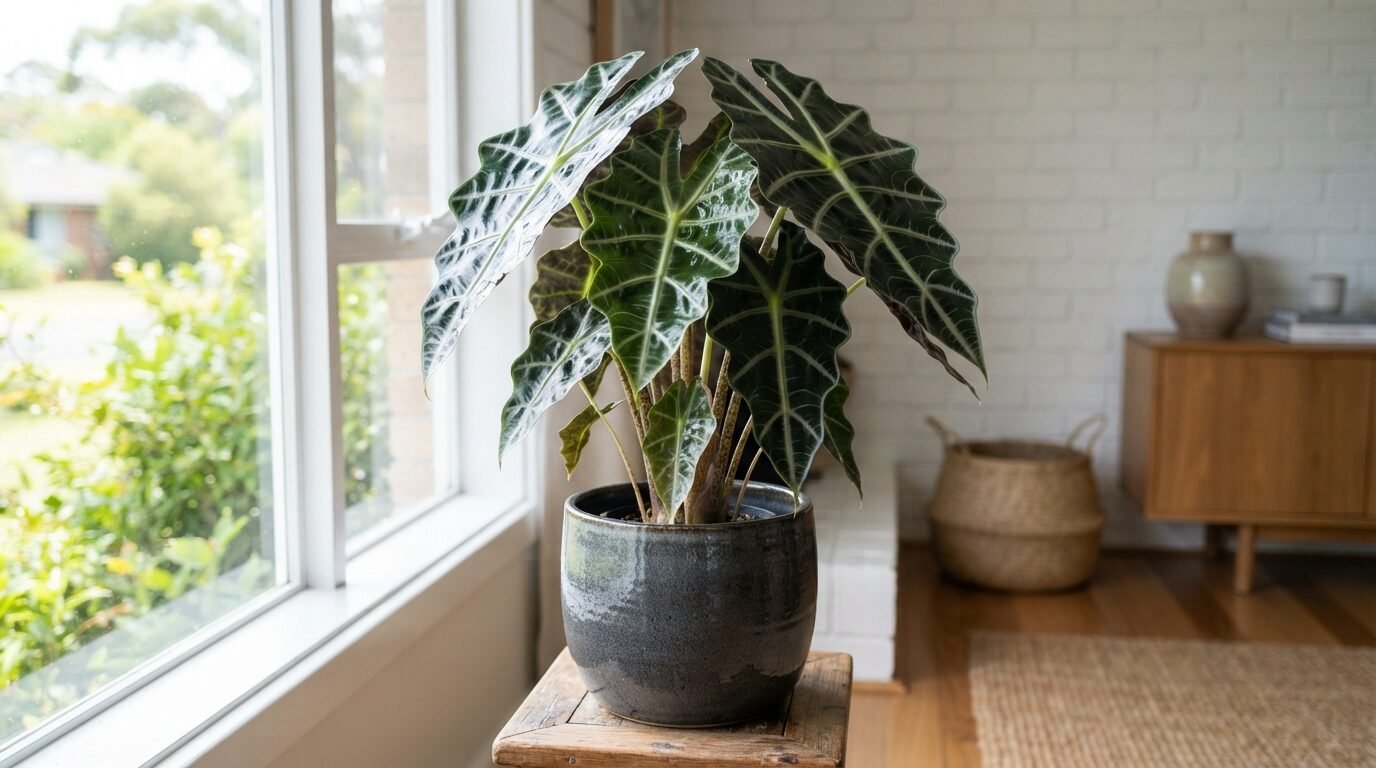 Thriving Alocasia houseplant in a bright Australian living room