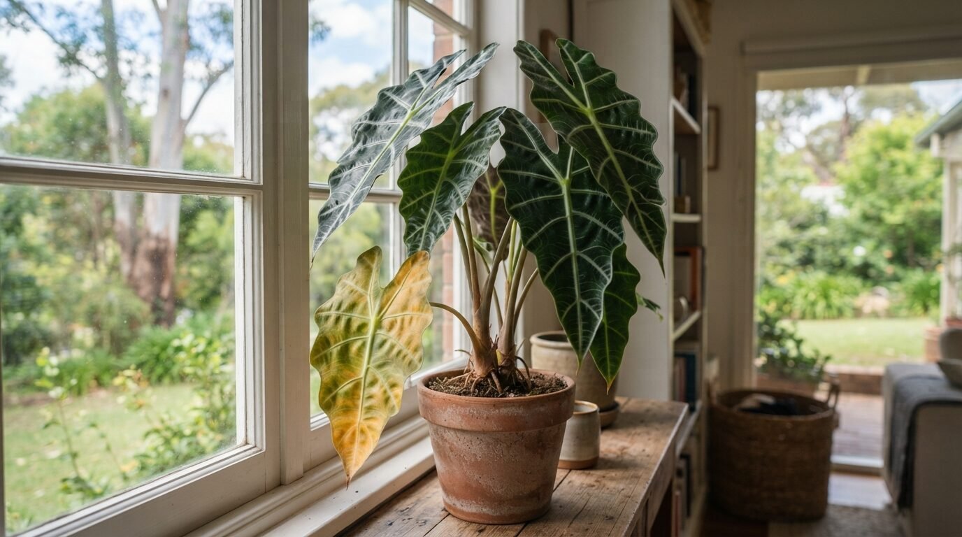 Alocasia with lower leaves turning yellow indoors