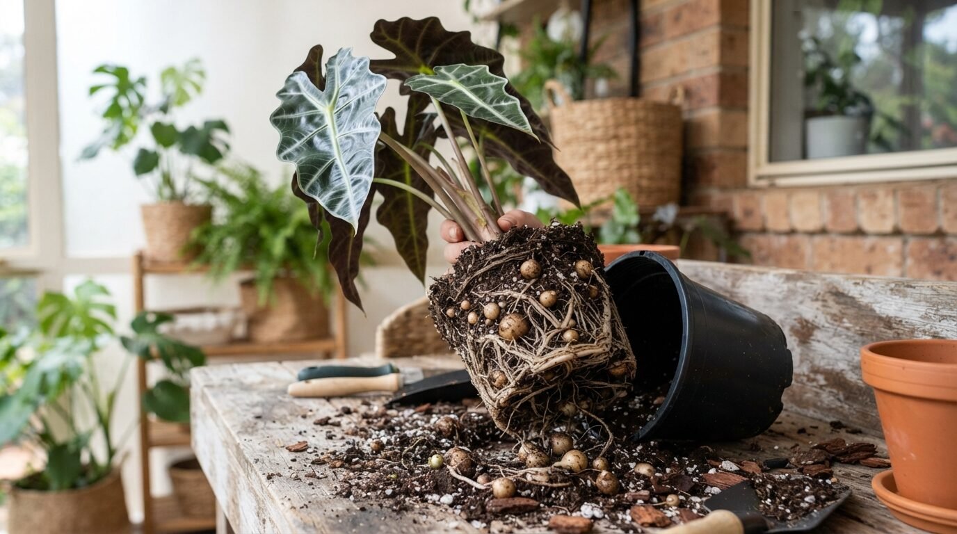 Alocasia lifted from its pot showing roots and corms ready to divide