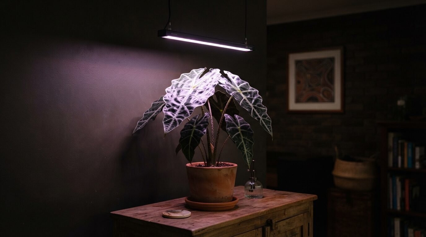 Alocasia under an indoor LED grow light in a dim room