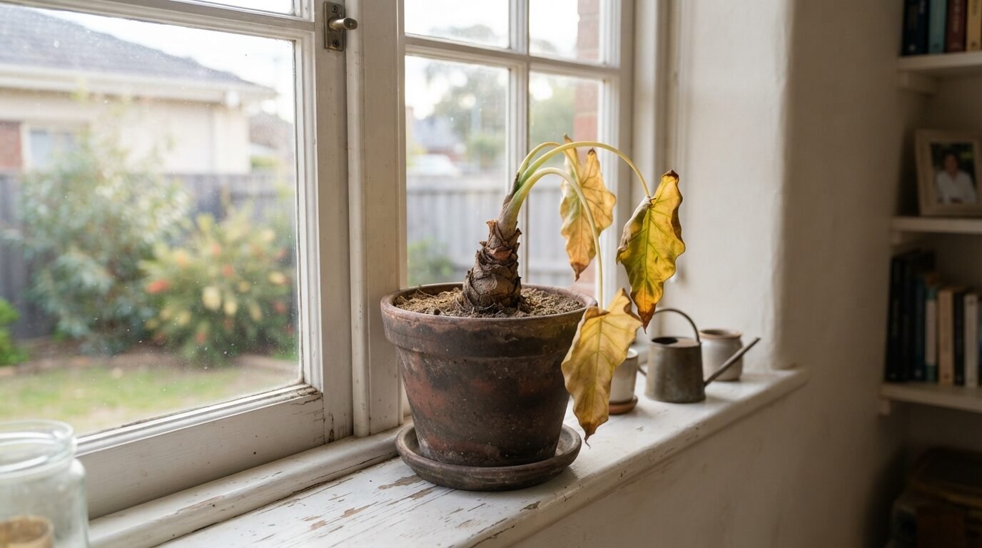 Potted Alocasia on a bright windowsill indoors