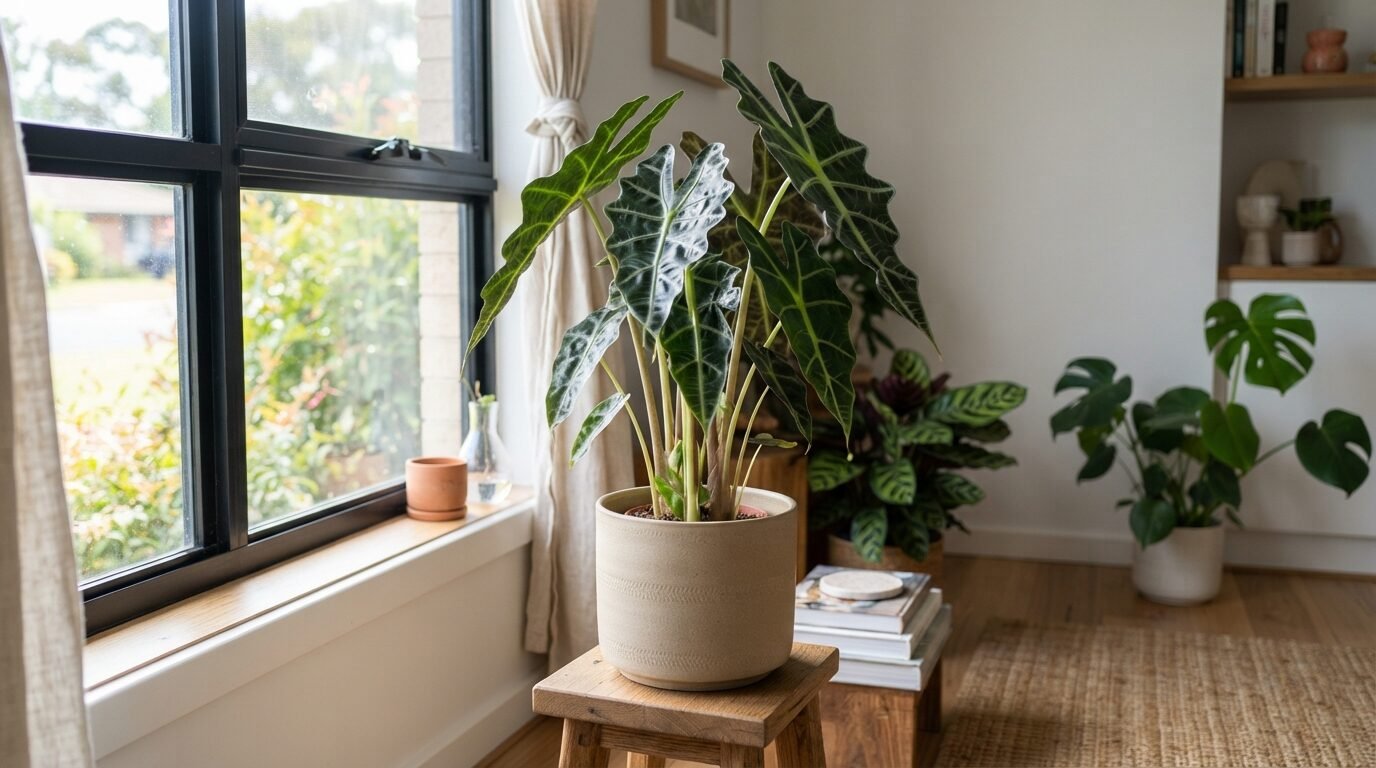 Alocasia in bright indirect light beside a window