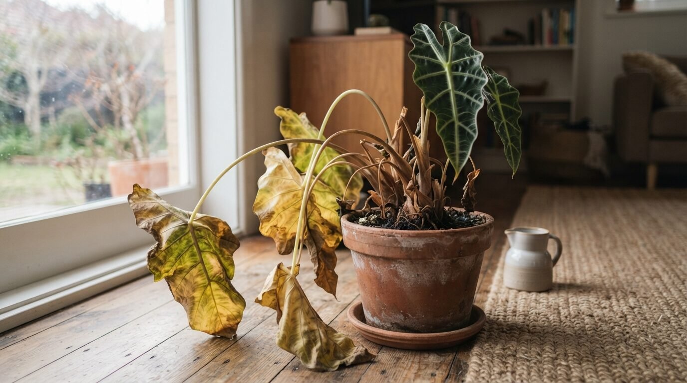 Struggling Alocasia with yellowing, collapsing leaves in a pot
