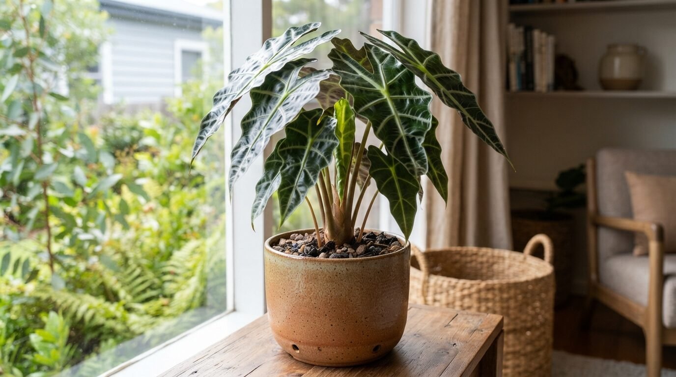 Healthy Alocasia in a decorative ceramic pot indoors