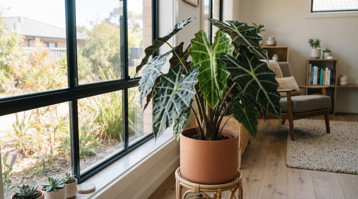 Alocasia sitting by a bright window in a neutral Australian interior