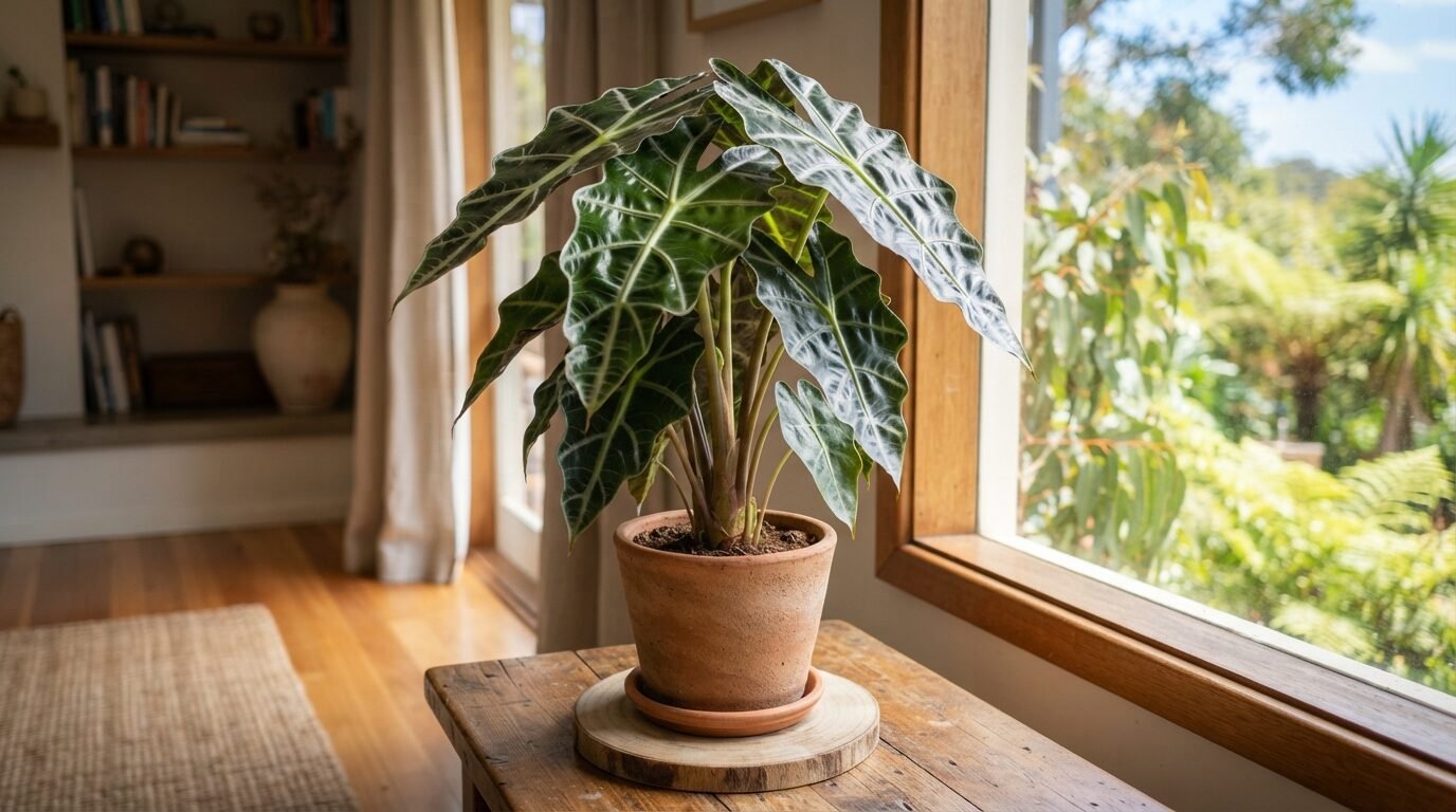 Alocasia standing firm and upright with healthy leaves after recovery