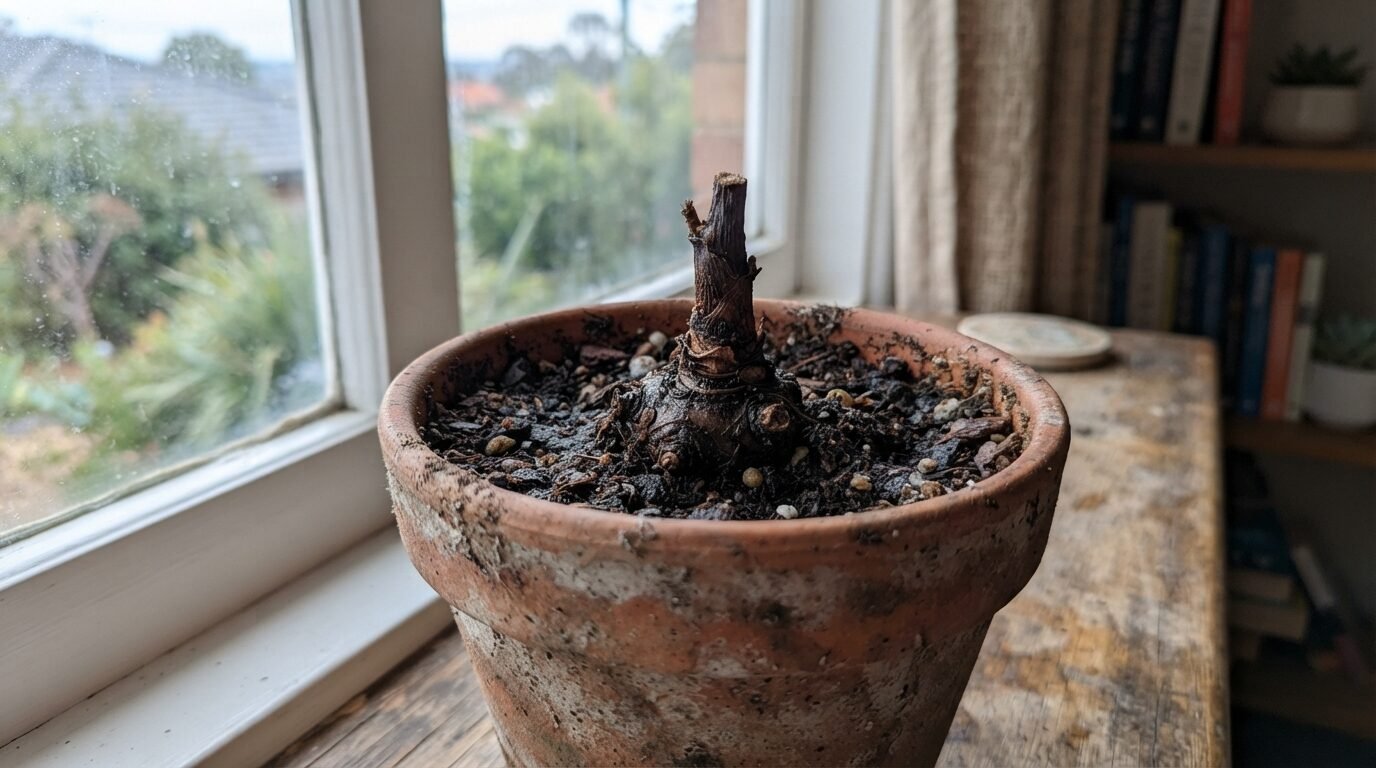 Bare Alocasia corm and stub in a pot during winter dormancy