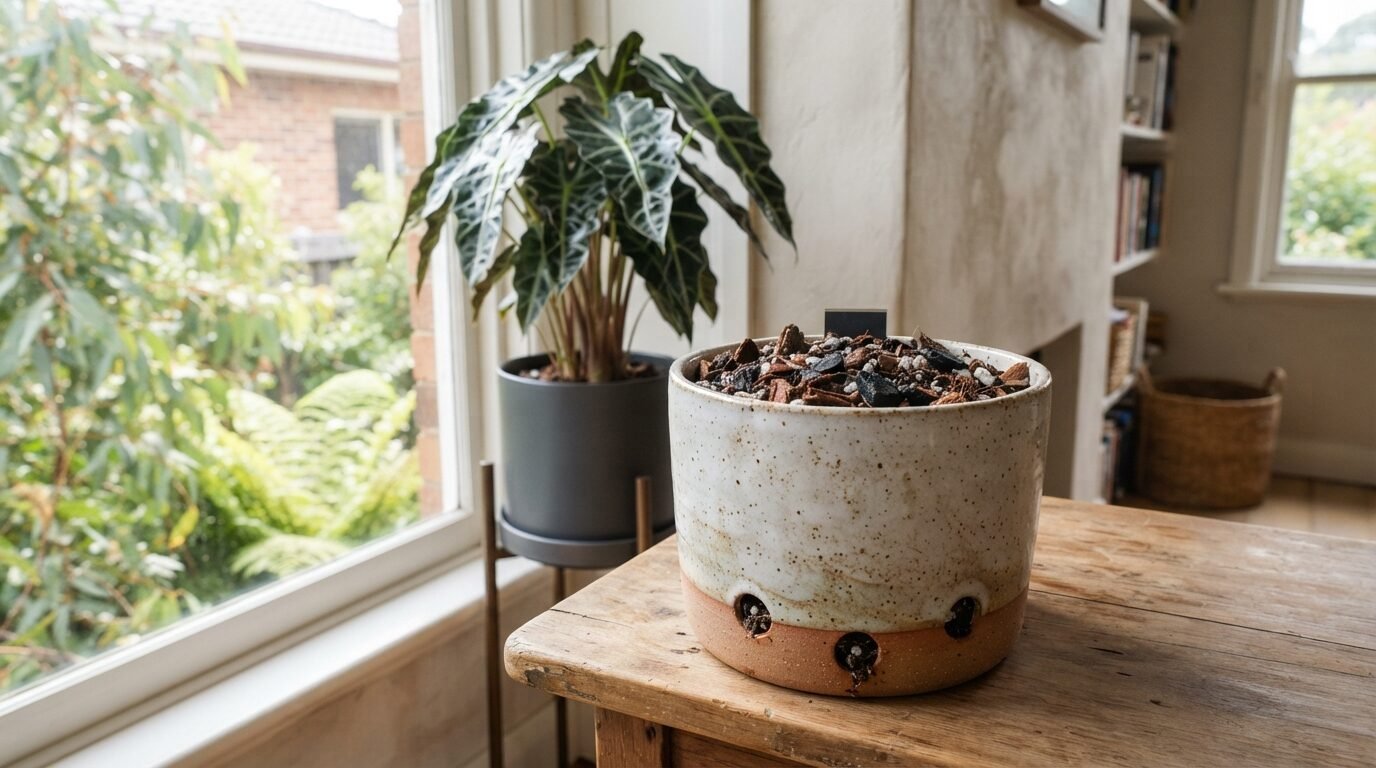 Alocasia in a ceramic pot on a timber surface indoors