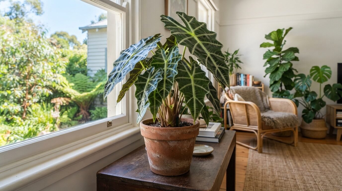 Lush Alocasia with glossy green arrow-shaped leaves