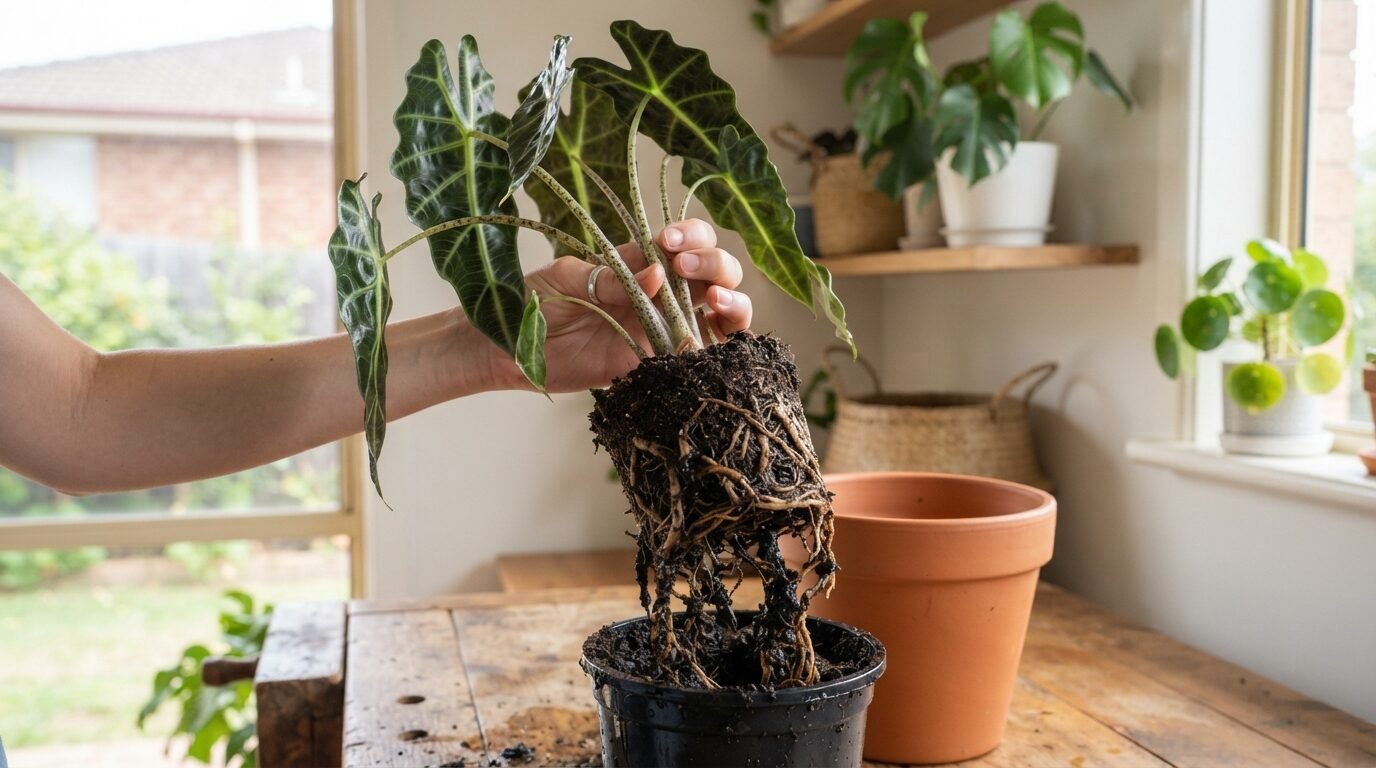 Alocasia removed from its pot showing dark, mushy rotten roots