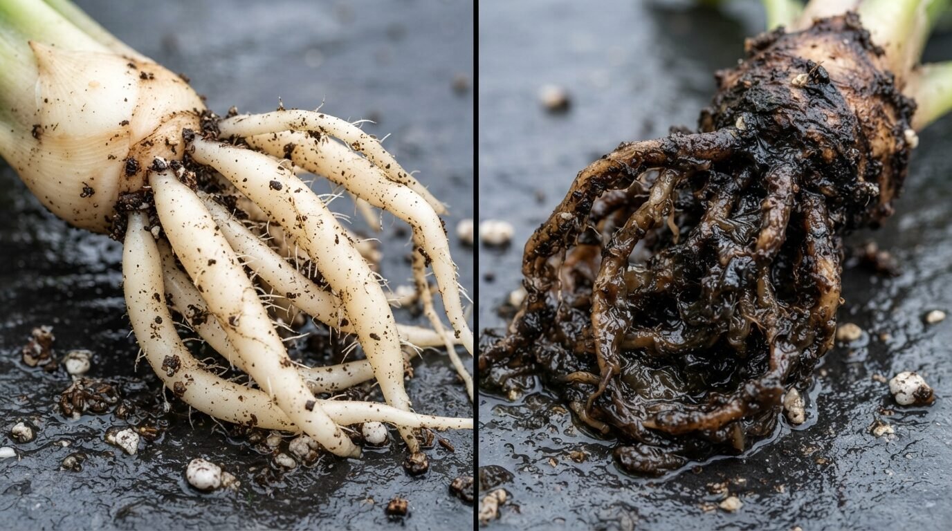 Comparison of healthy firm roots versus rotten Alocasia roots