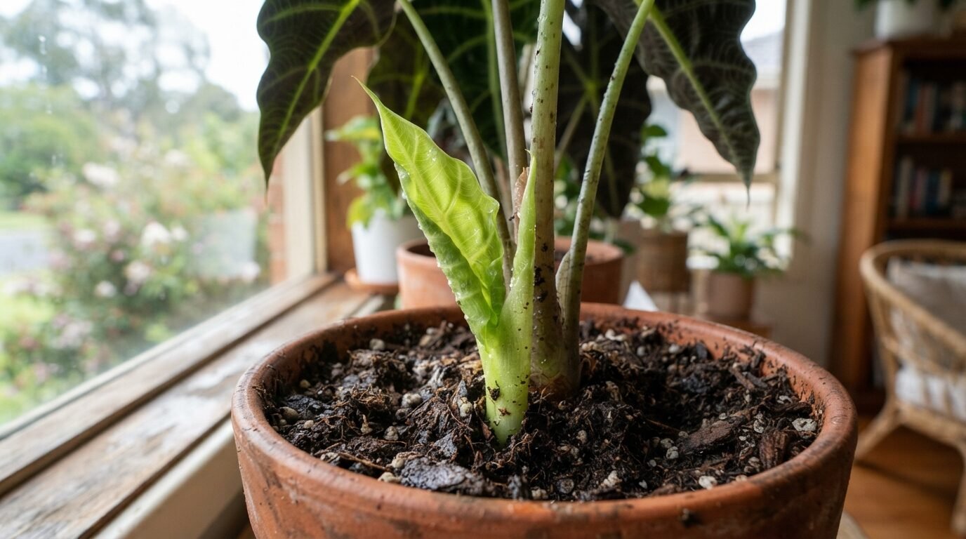 New Alocasia shoot emerging from the soil after dormancy
