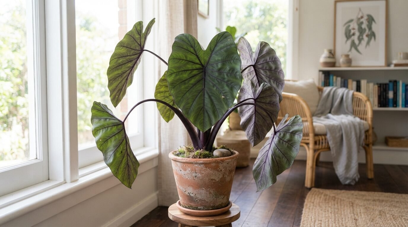 Colocasia (taro) in a pot with downward-pointing leaves