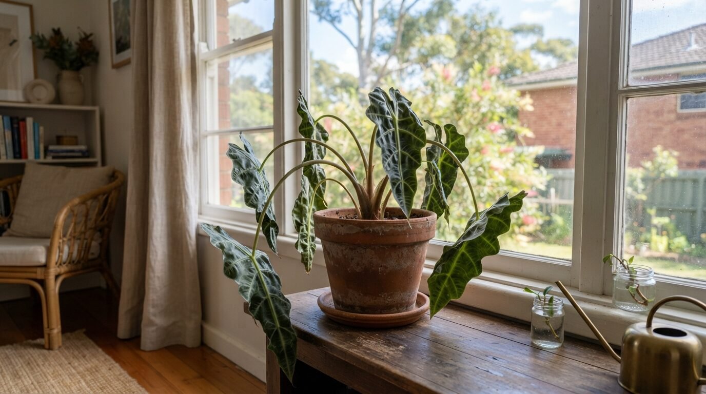 Alocasia with drooping, limp leaves indoors