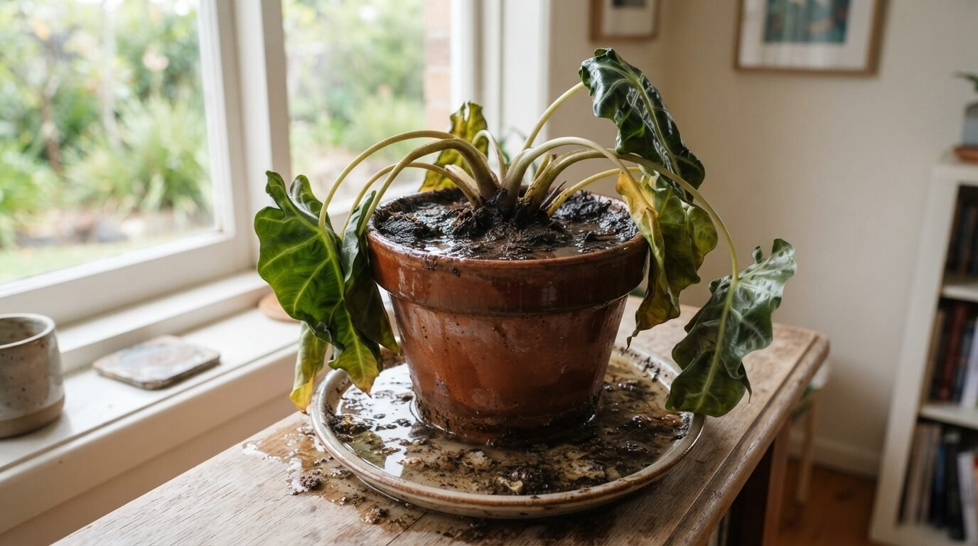Drooping Alocasia sitting in waterlogged, soggy soil