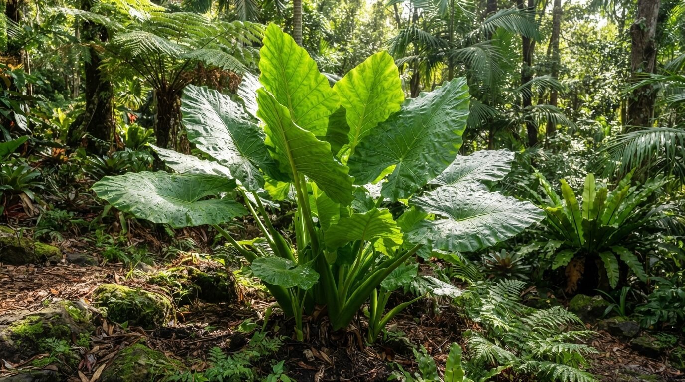 Elephant ear plant growing in a warm, shaded outdoor spot