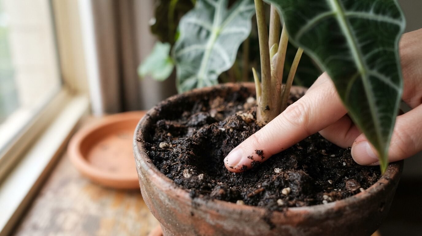 Checking Alocasia soil moisture with a fingertip before watering