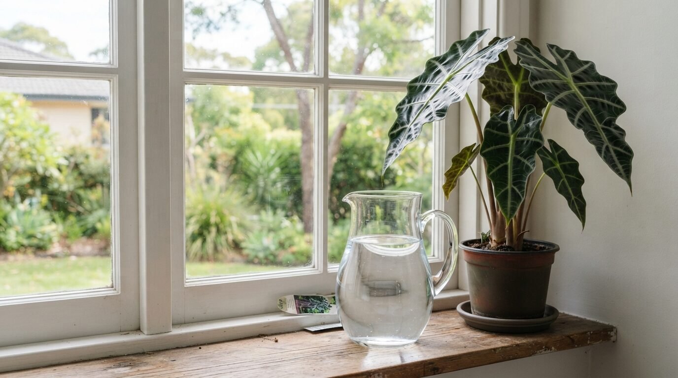 Glass jug of water beside an Alocasia for careful watering