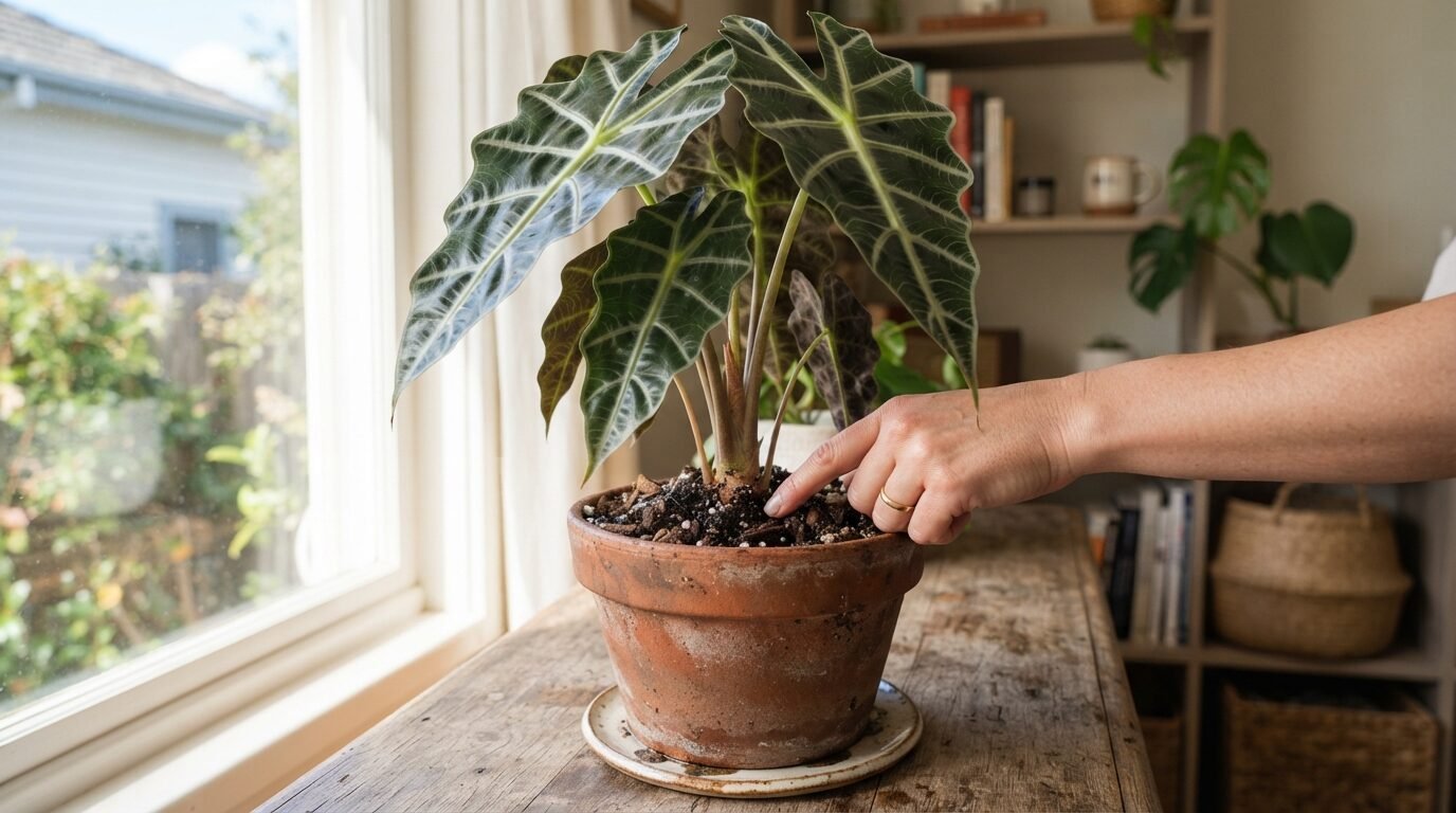 Hand checking the top of an Alocasia's potting mix indoors