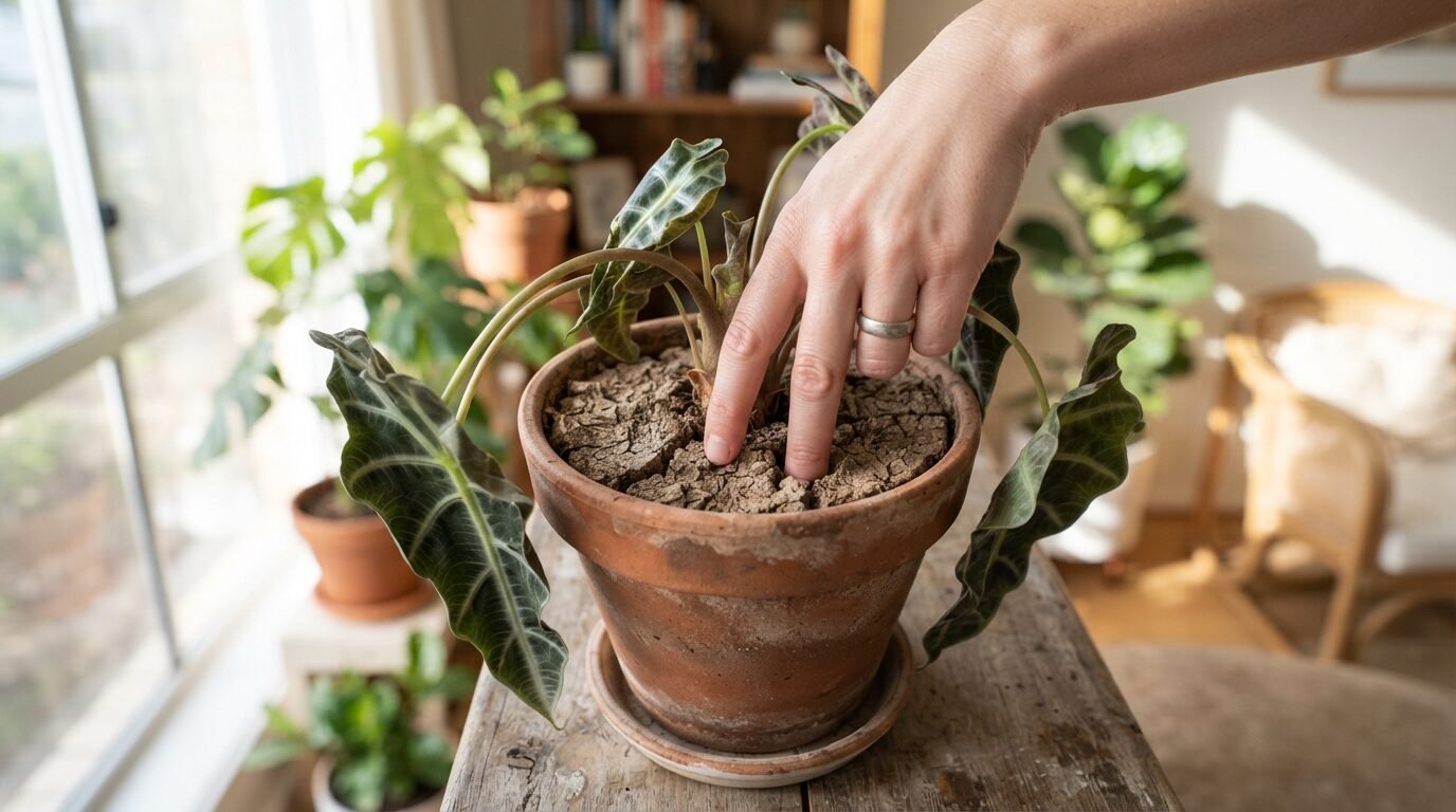 Hand feeling the dry, cracked soil of a drooping Alocasia