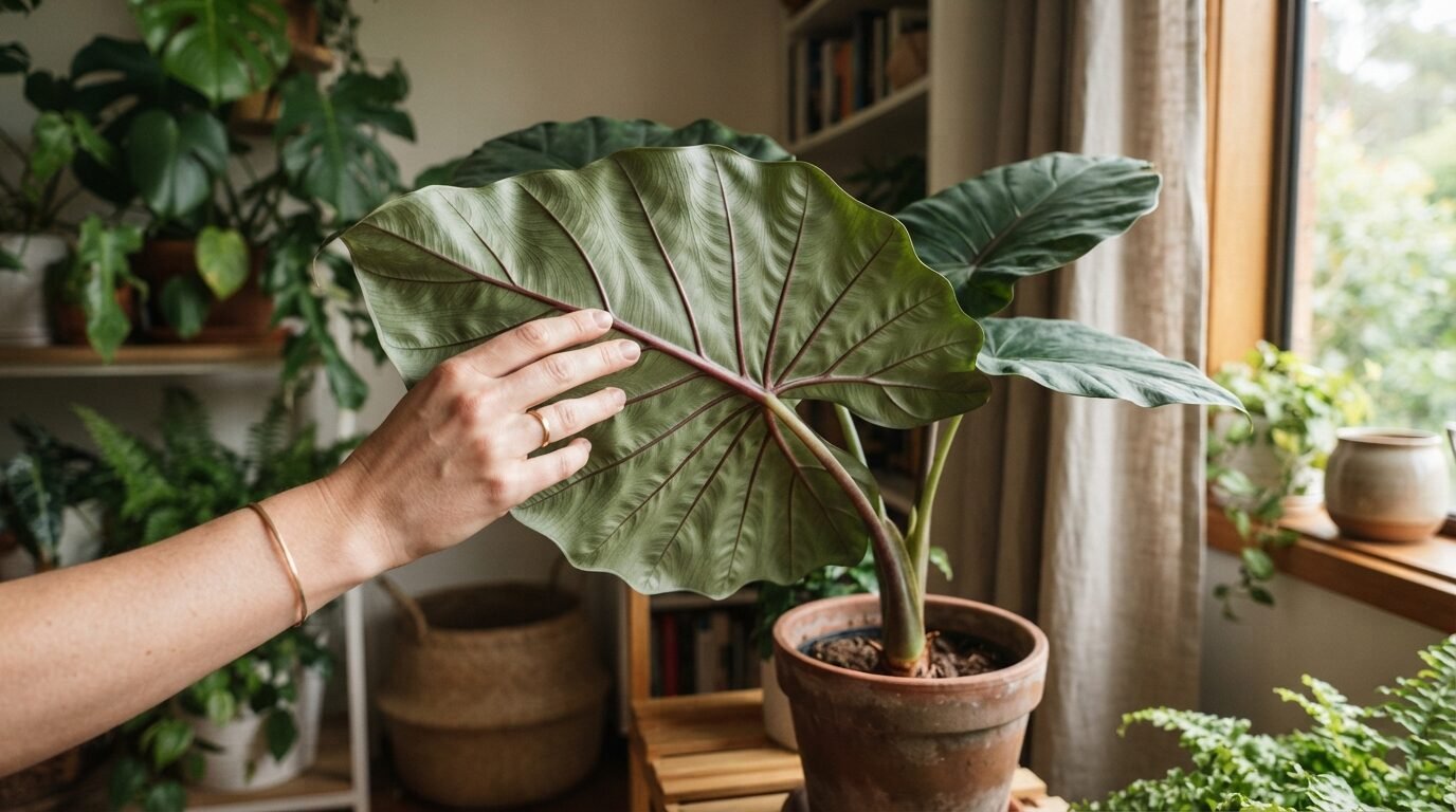 Inspecting the underside of an Alocasia leaf for pests