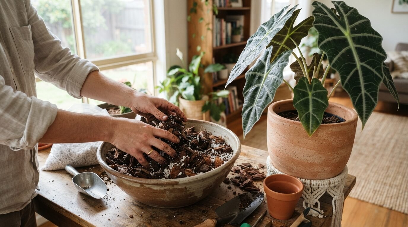 Hands mixing a free-draining potting mix for Alocasia