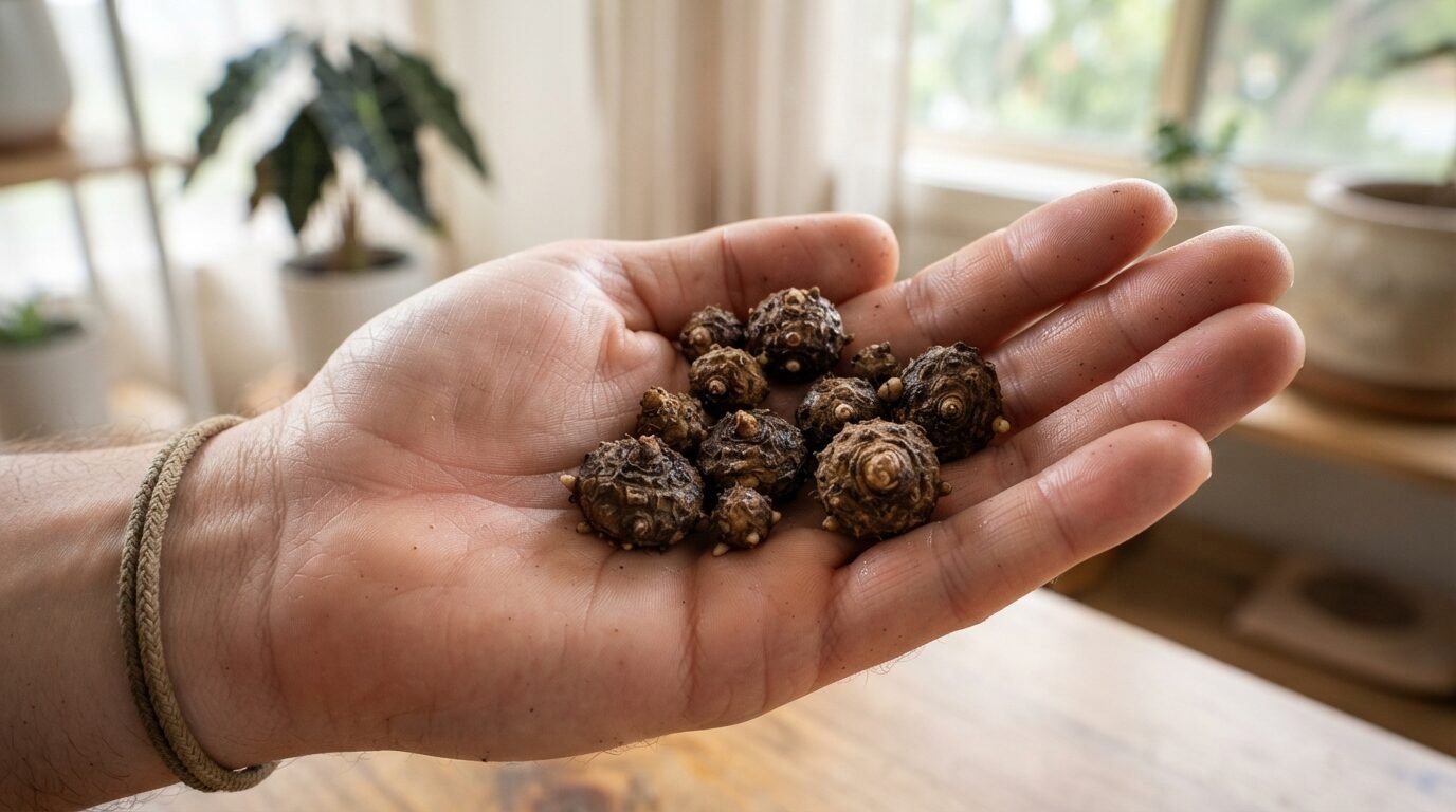 Holding separated Alocasia corms in the palm for propagation