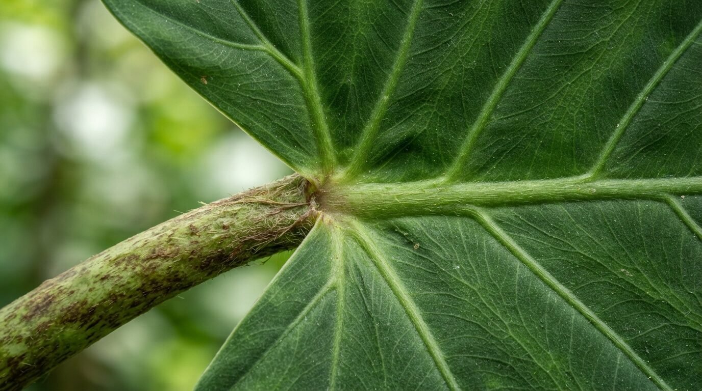 Close-up of where the Alocasia leaf stalk joins the blade
