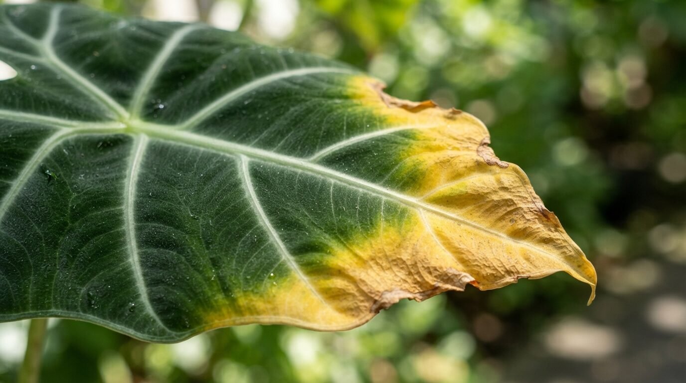 Macro of a single Alocasia leaf turning yellow