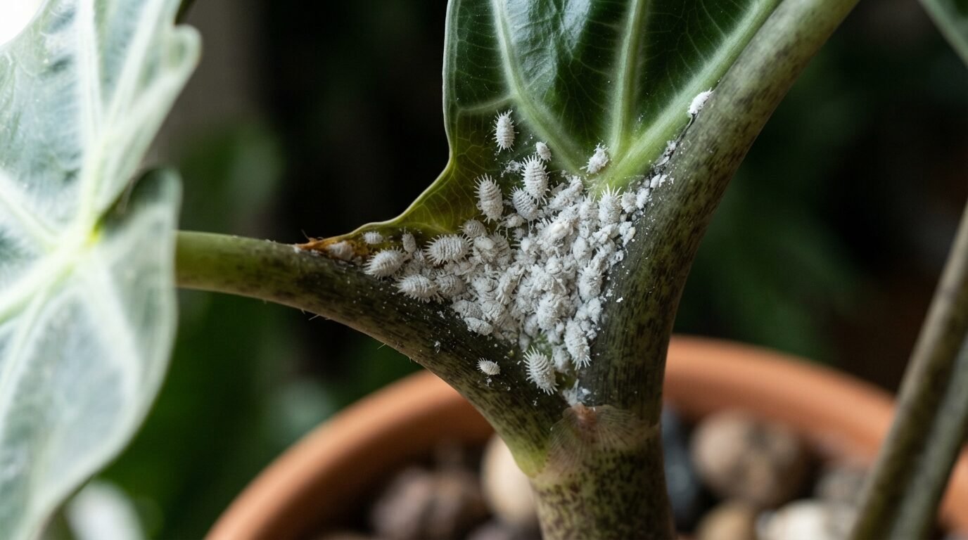 White mealybugs clustered on an Alocasia stem