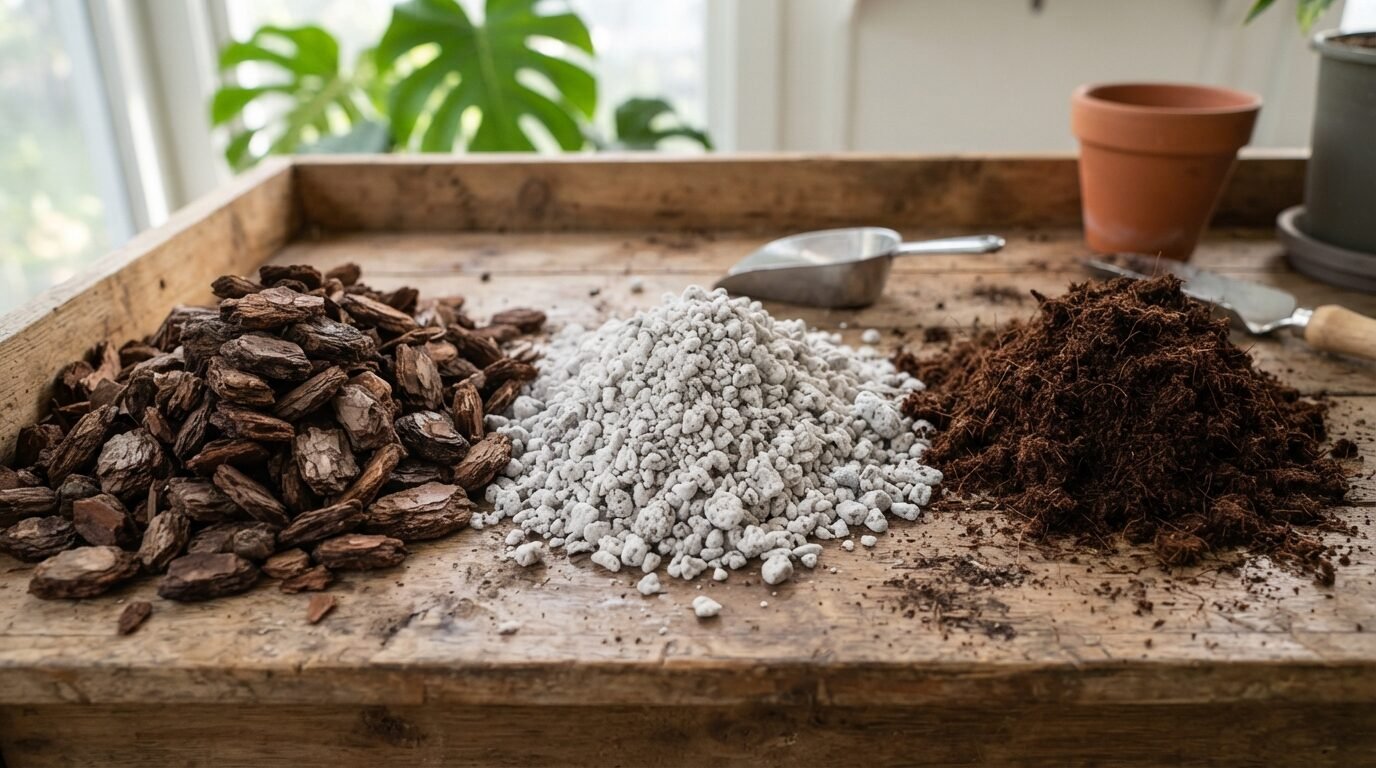 Orchid bark, perlite and coco coir for an Alocasia potting mix
